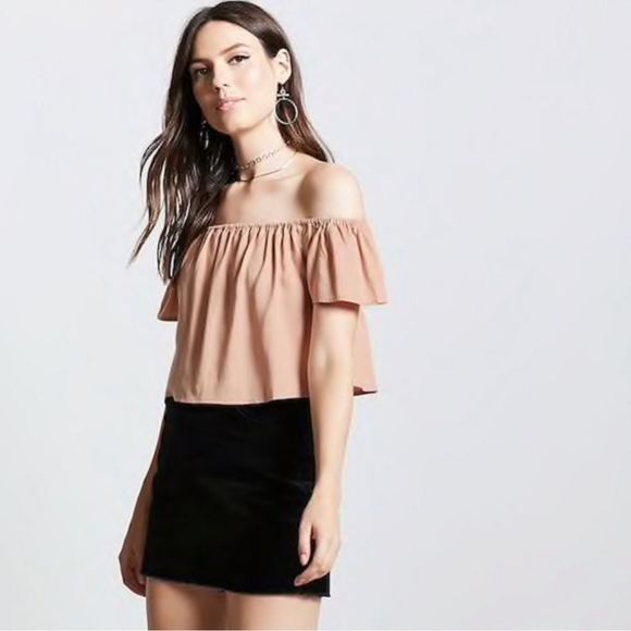 Forever 21 Blush Sheer Off the Shoulder Crop Blouse | SZ M - Picture 1 of 9